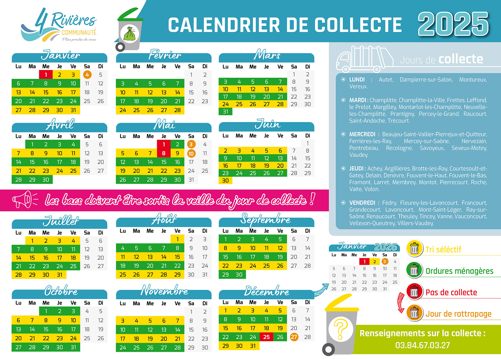 Calendrier de collecte du tri et des OM de la CC4R - 2025