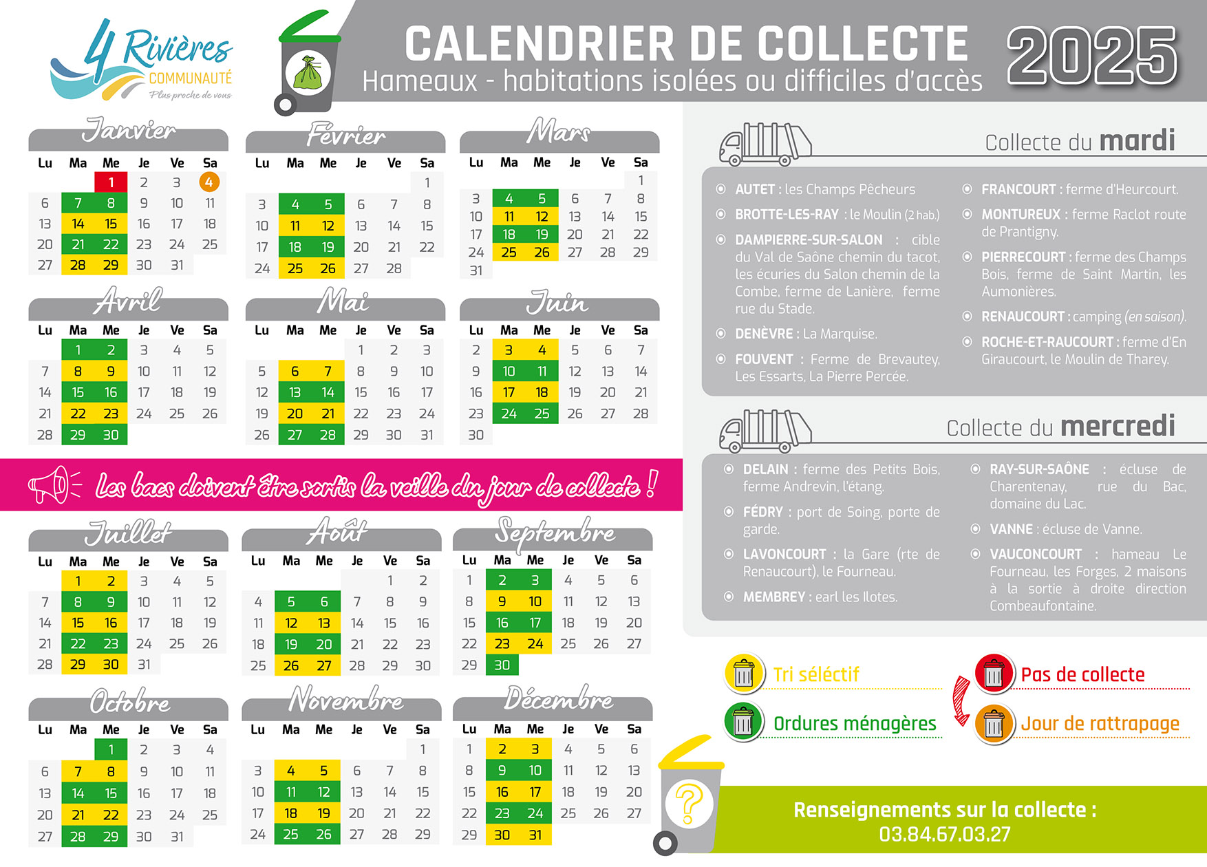 Calendrier de collecte du tri et des OM de la CC4R - 2025